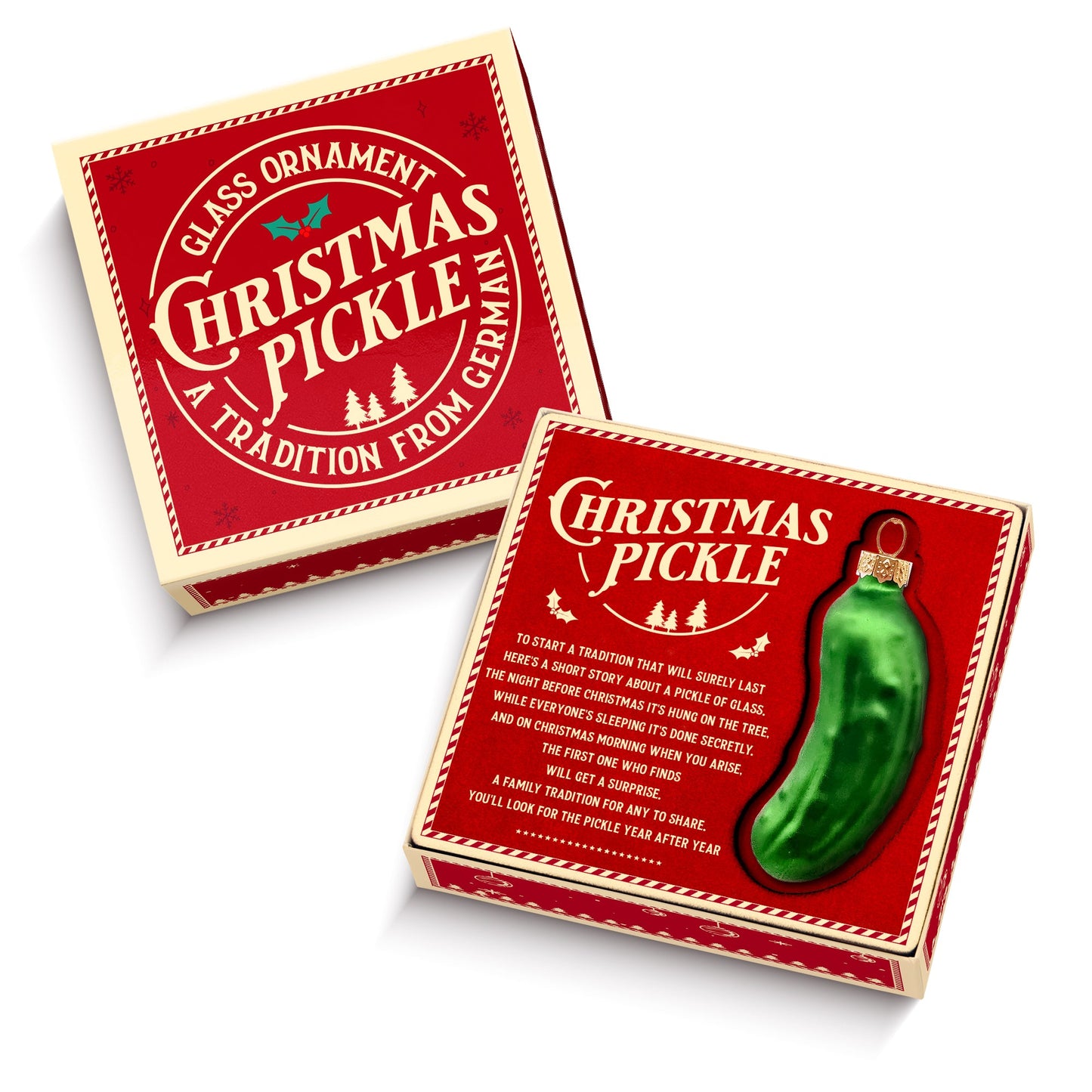 German Christmas Pickle Ornament Tradition Decor - Green Glass Tree Decoration - Gift Boxed with Story & Legend - FB033