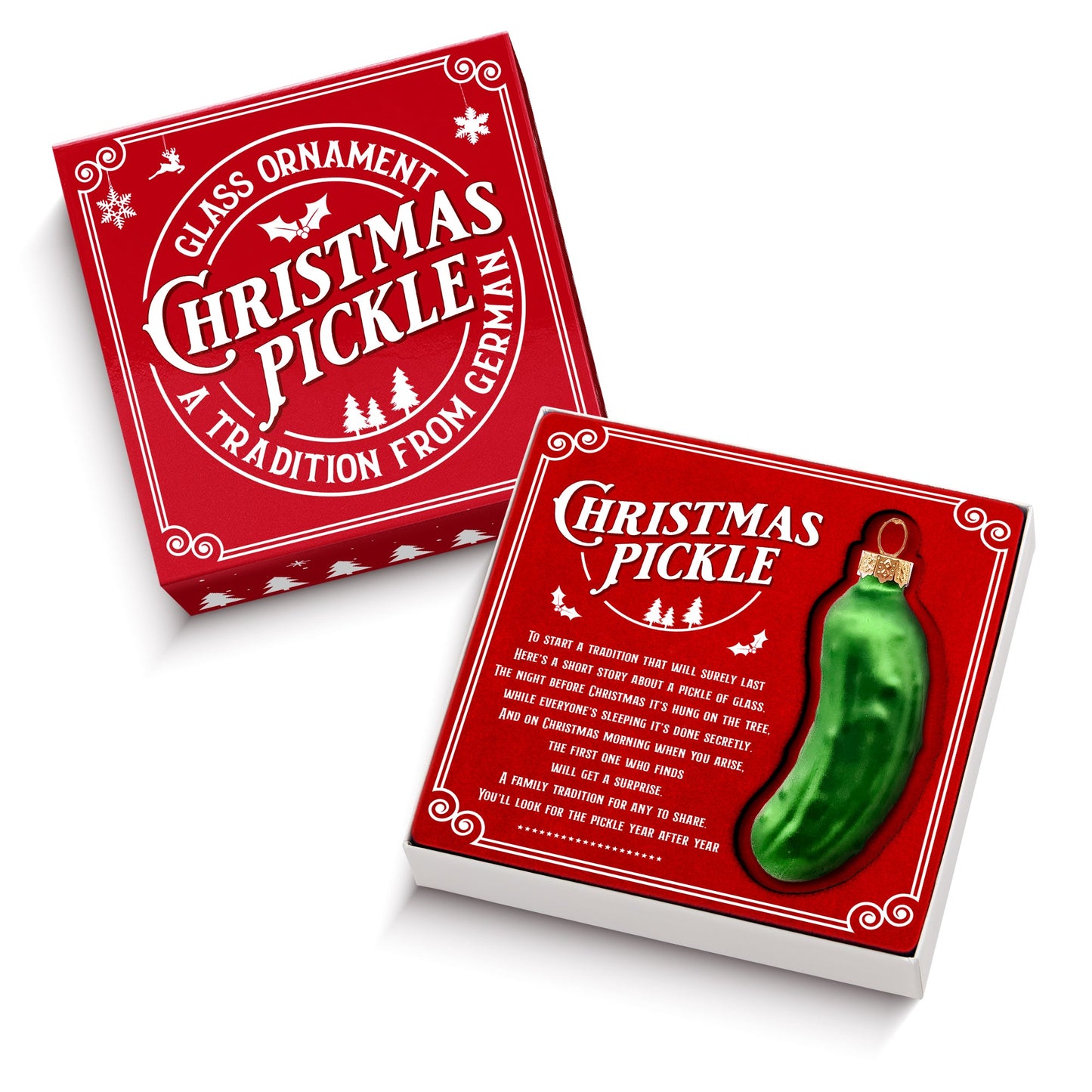 German Christmas Pickle Ornament Tradition Decor - Green Glass Tree Decoration - Gift Boxed with Story & Legend - FB034