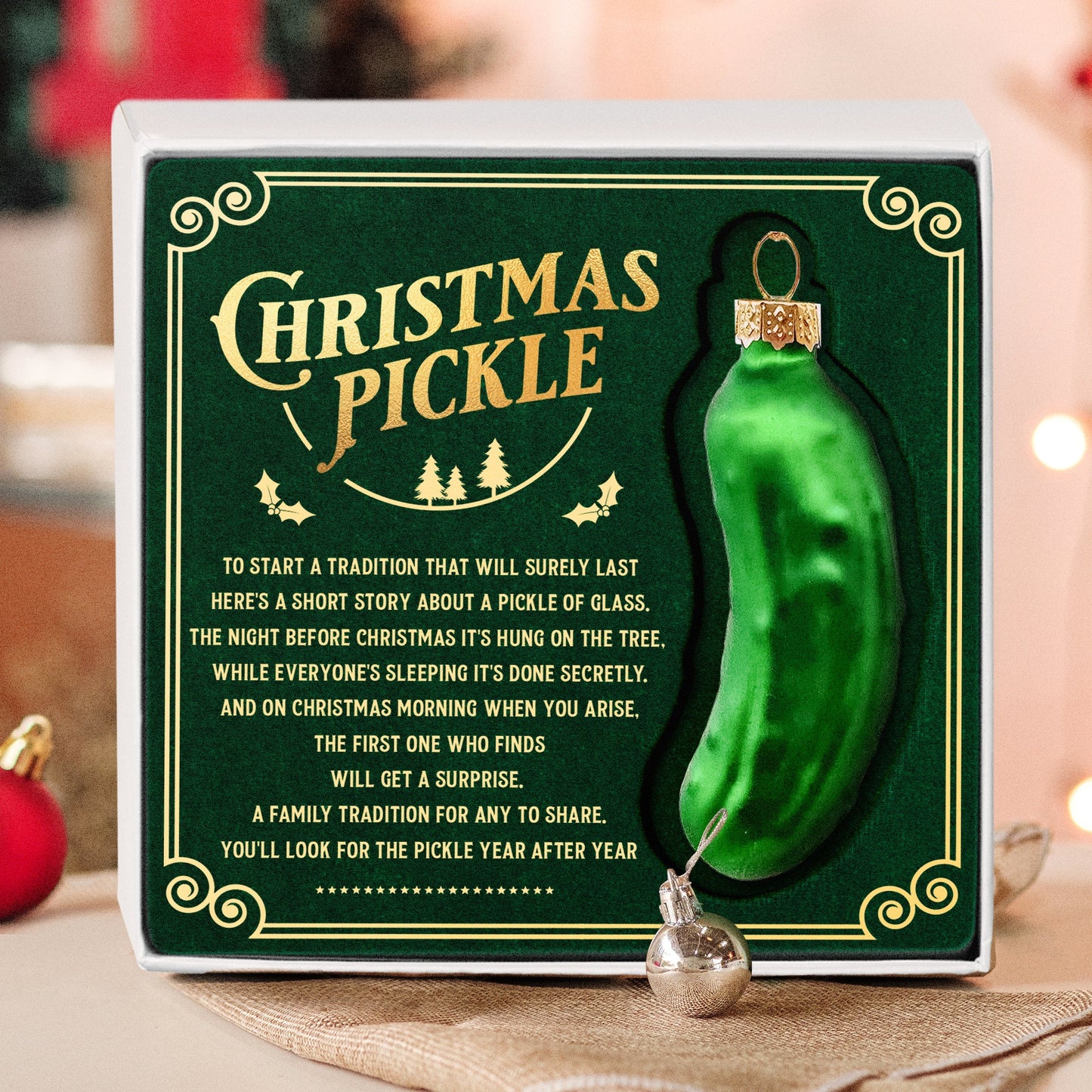 German Christmas Pickle Ornament Tradition Decor - Green Glass Tree Decoration - Gift Boxed with Story & Legend - FB032