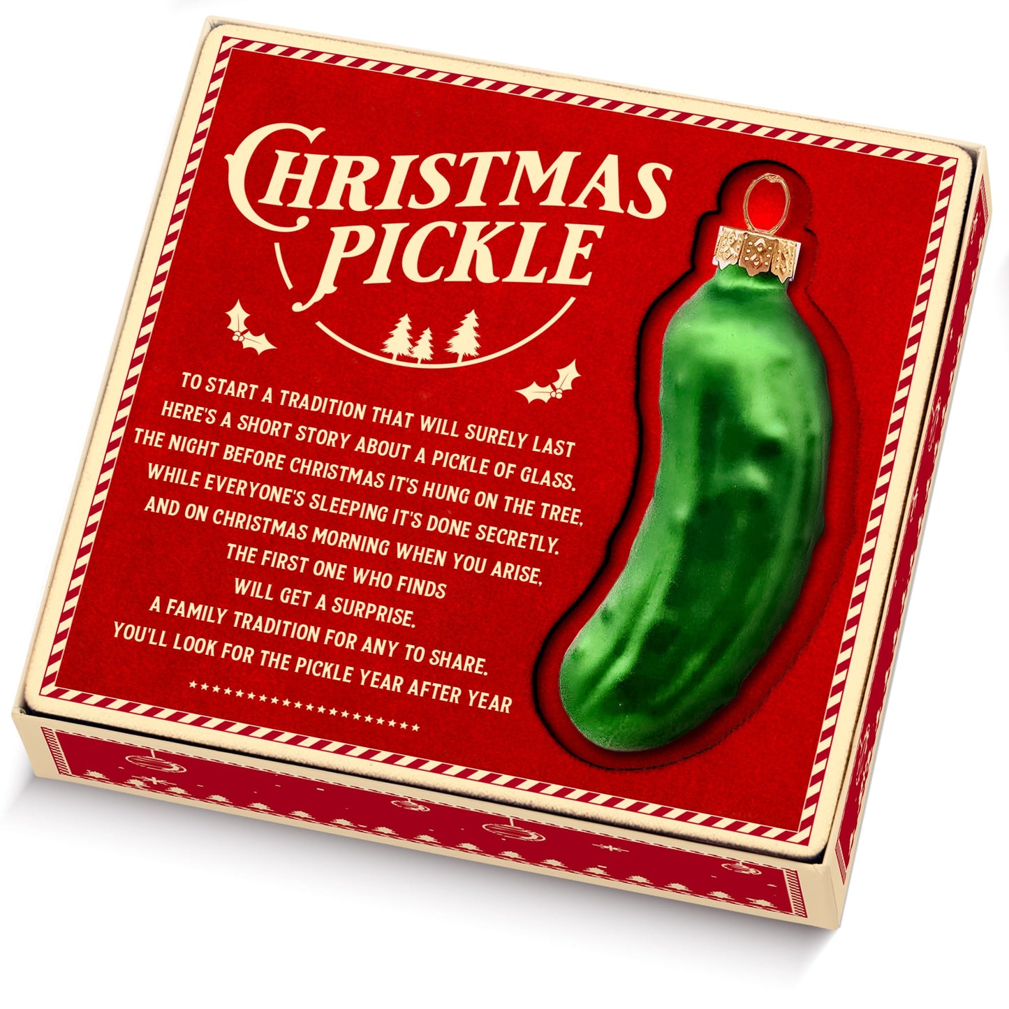 German Christmas Pickle Ornament Tradition Decor - Green Glass Tree Decoration - Gift Boxed with Story & Legend - FB033