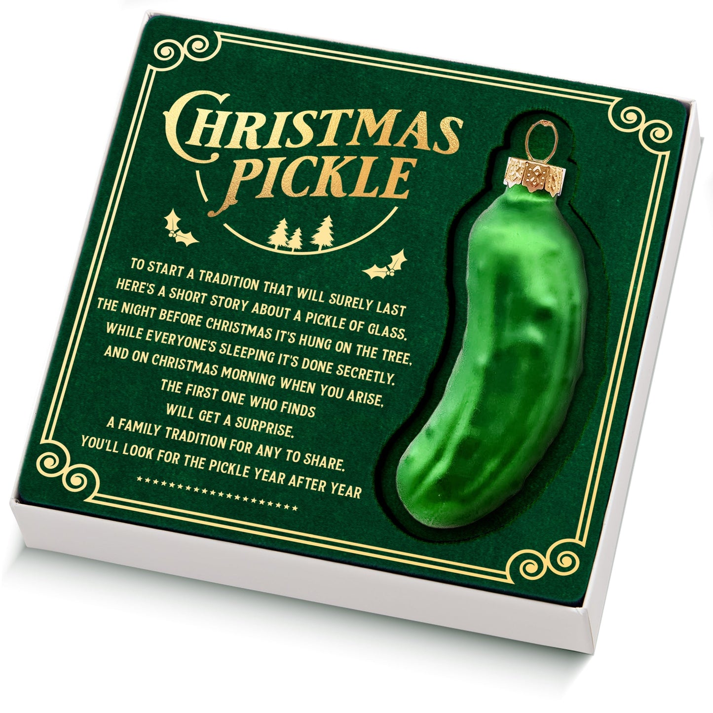 German Christmas Pickle Ornament Tradition Decor - Green Glass Tree Decoration - Gift Boxed with Story & Legend - FB032