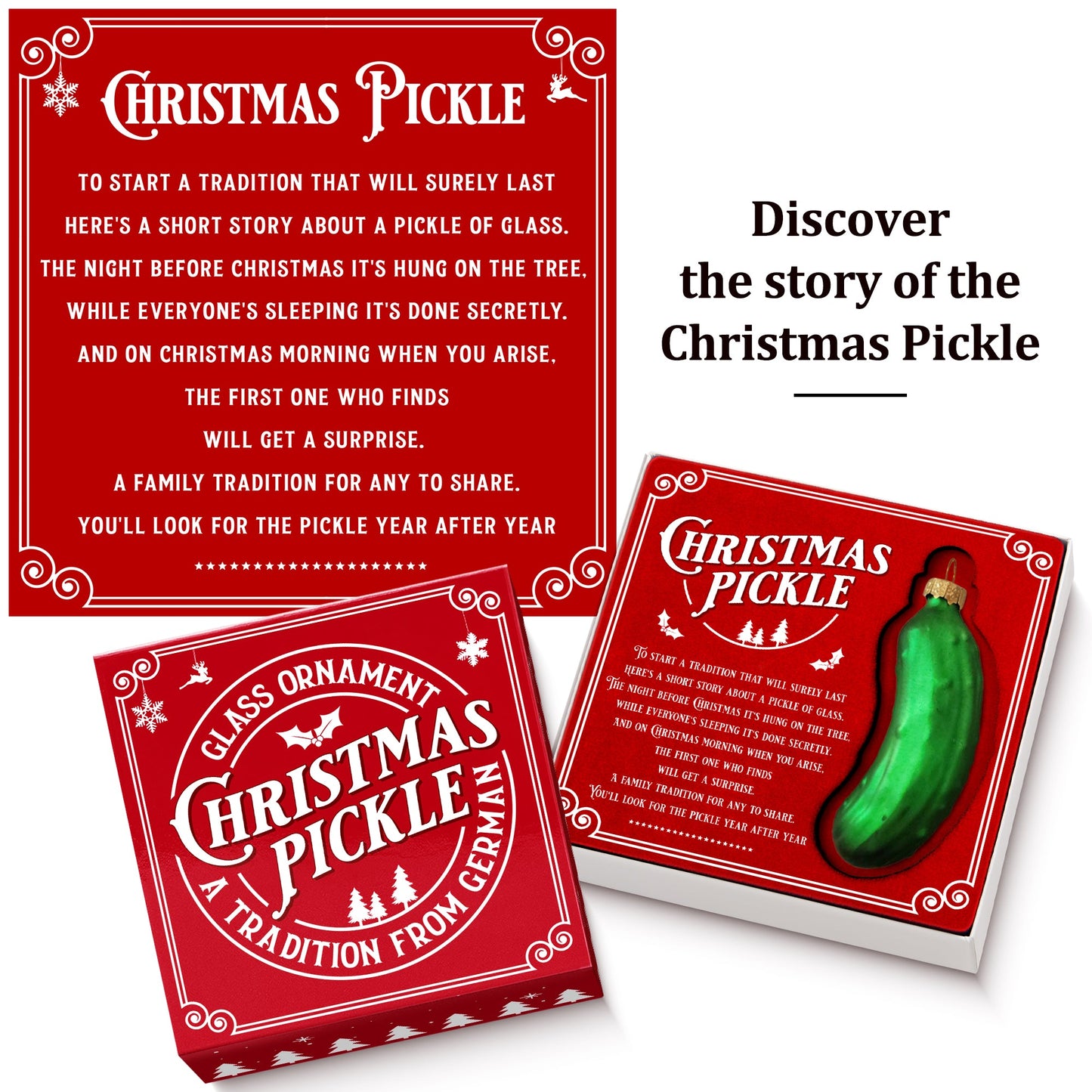 German Christmas Pickle Ornament Tradition Decor - Green Glass Tree Decoration - Gift Boxed with Story & Legend