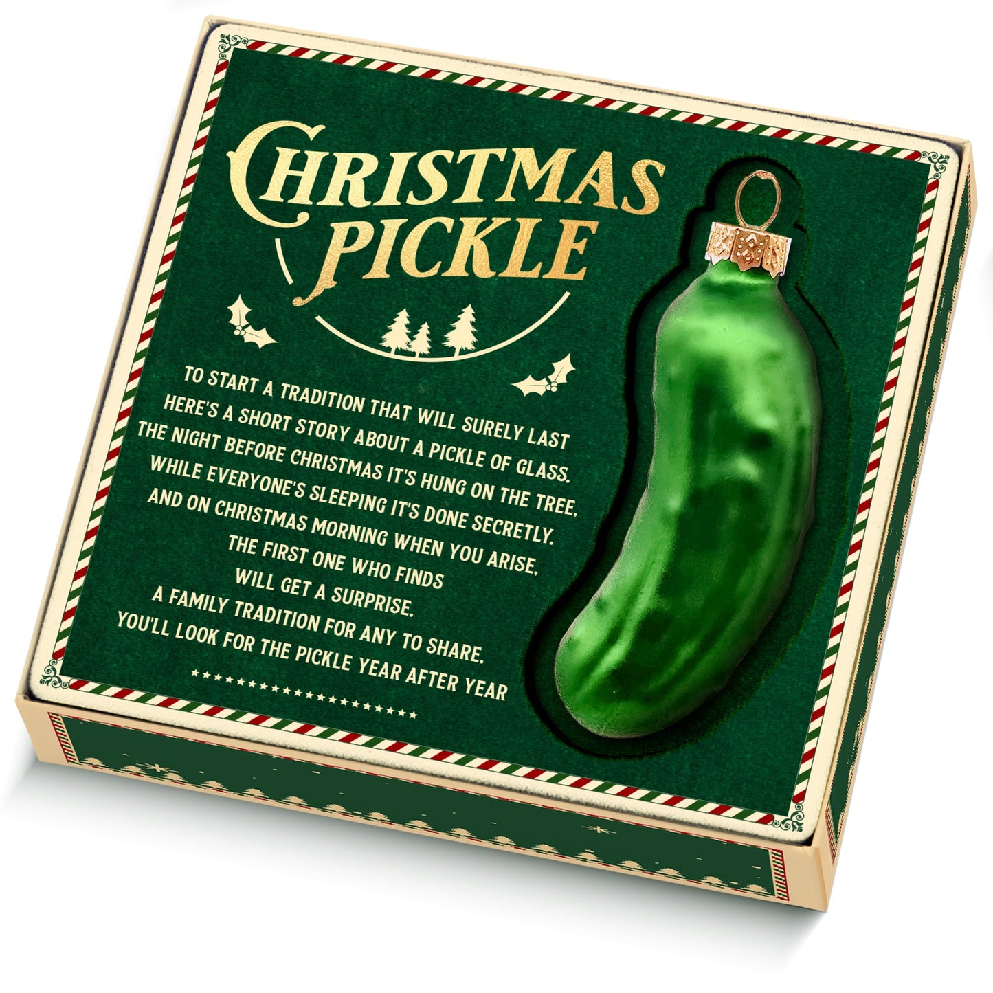 German Christmas Pickle Ornament Tradition Decor - Green Glass Tree Decoration - Gift Boxed with Story & Legend - FB031