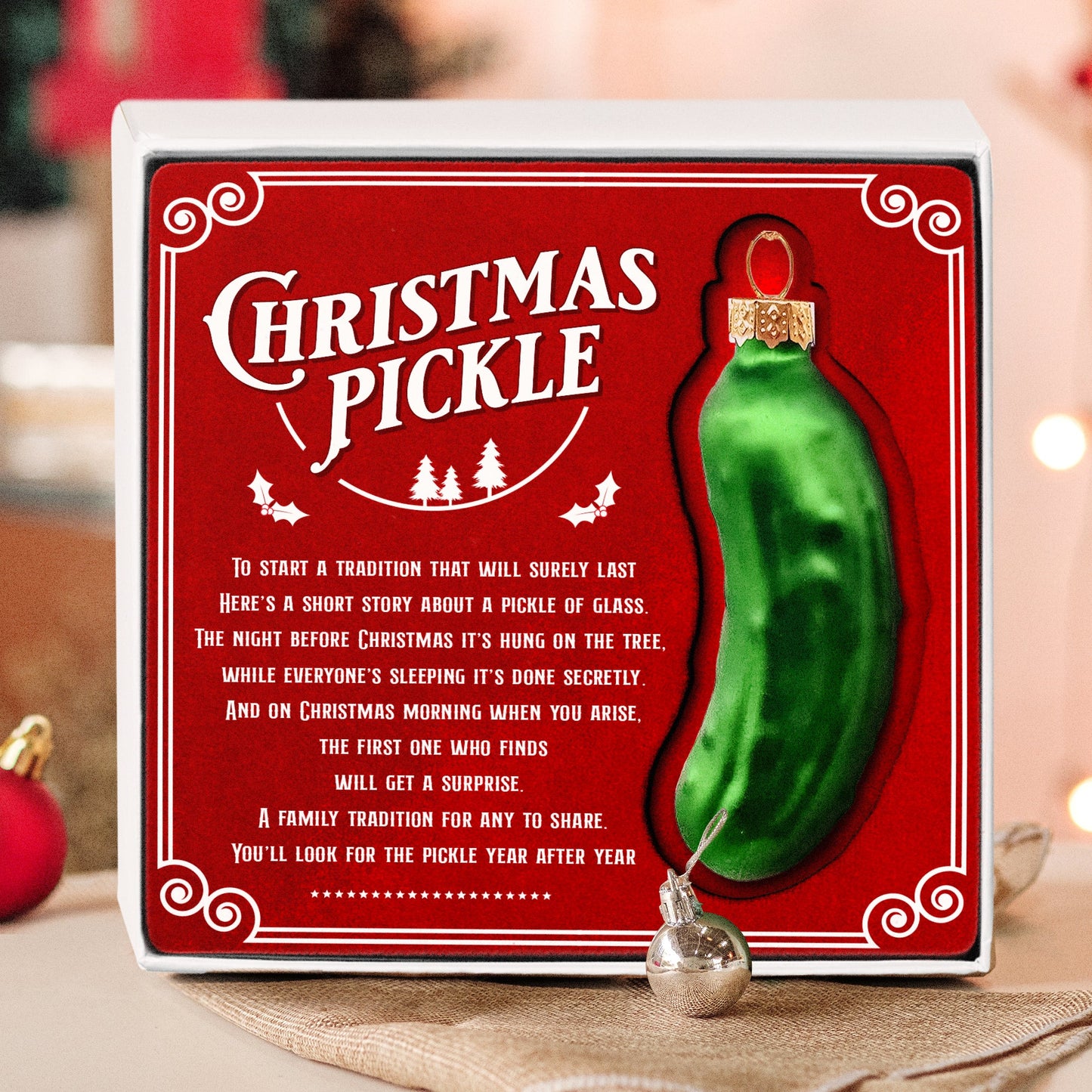 German Christmas Pickle Ornament Tradition Decor - Green Glass Tree Decoration - Gift Boxed with Story & Legend - FB034