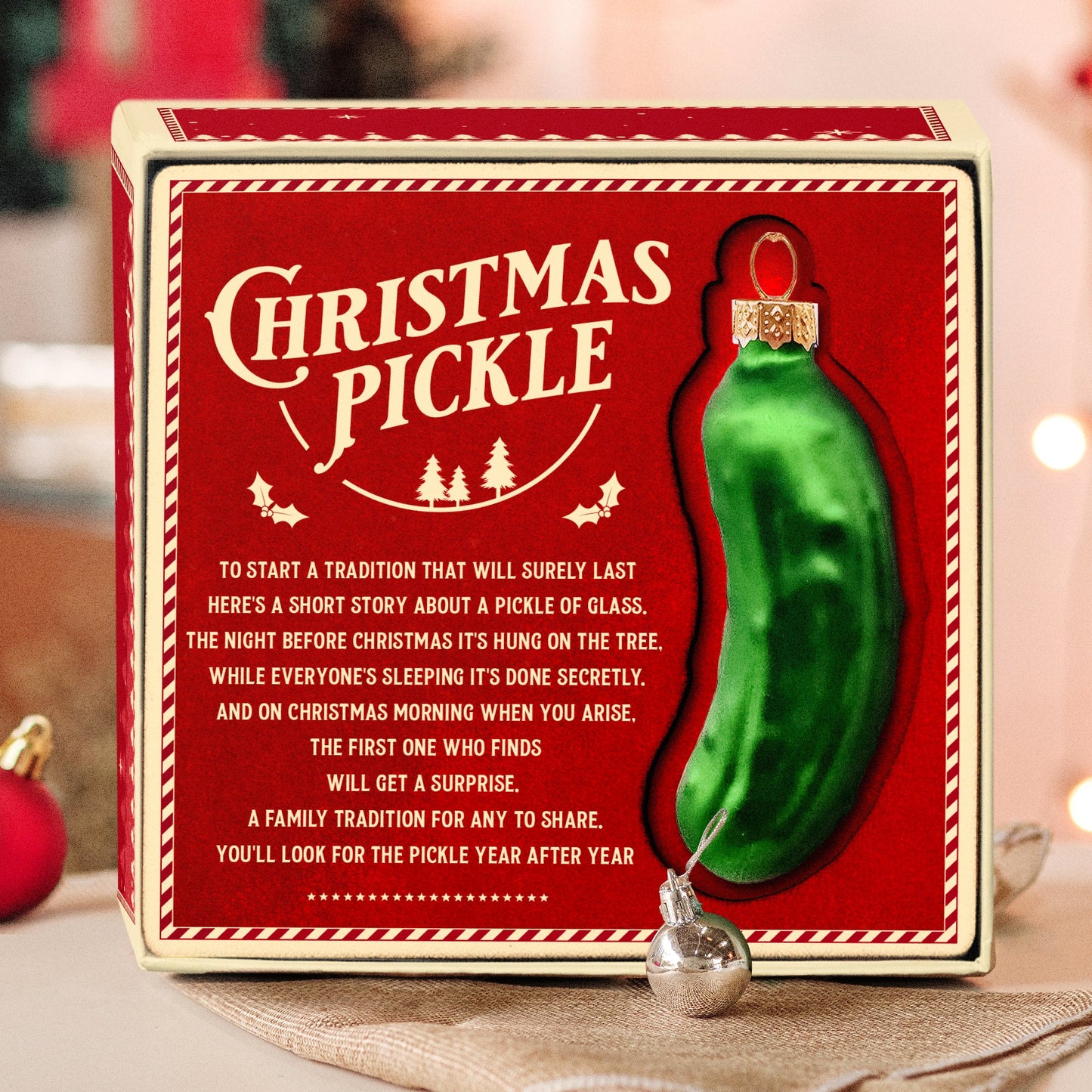 German Christmas Pickle Ornament Tradition Decor - Green Glass Tree Decoration - Gift Boxed with Story & Legend - FB033