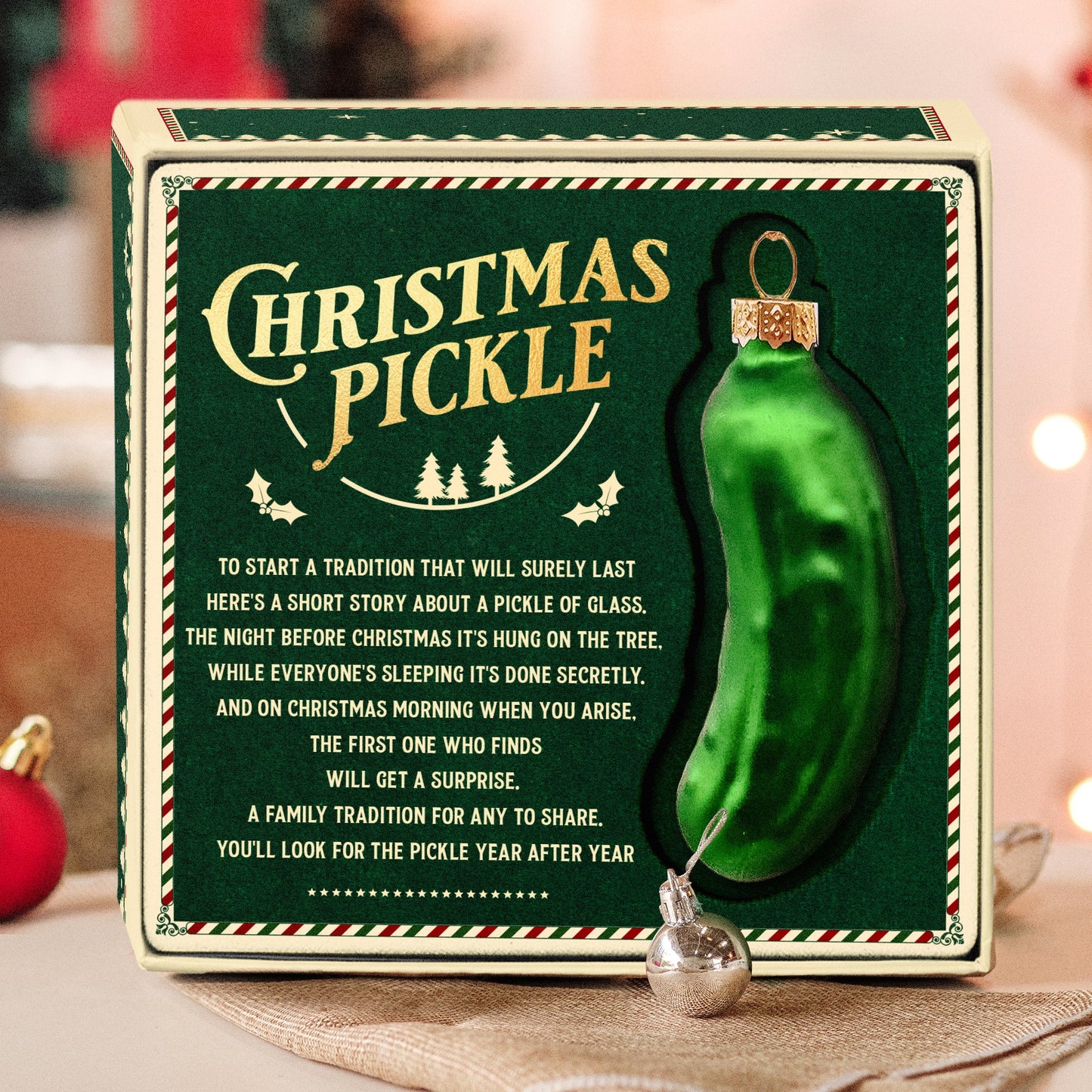 German Christmas Pickle Ornament Tradition Decor - Green Glass Tree Decoration - Gift Boxed with Story & Legend - FB031