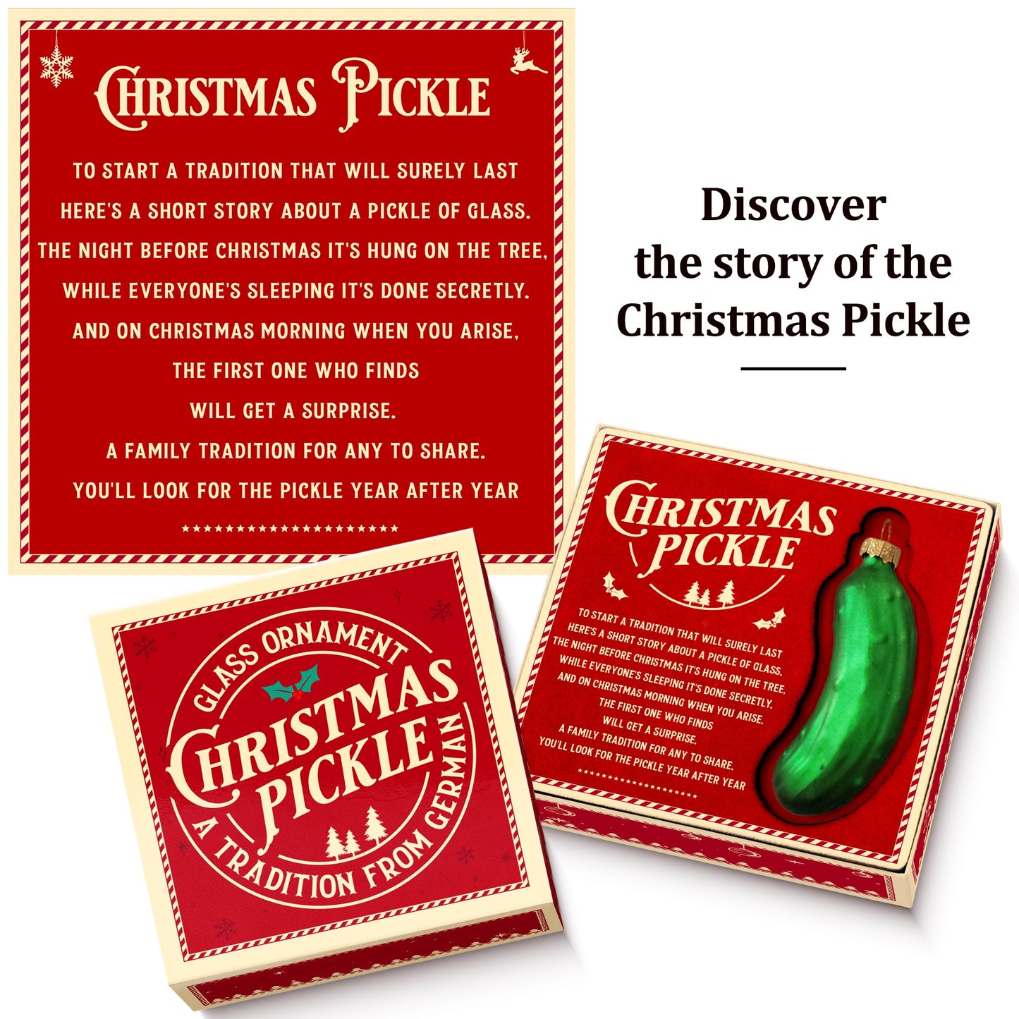 German Christmas Pickle Ornament Tradition Decor - Green Glass Tree Decoration - Gift Boxed with Story & Legend