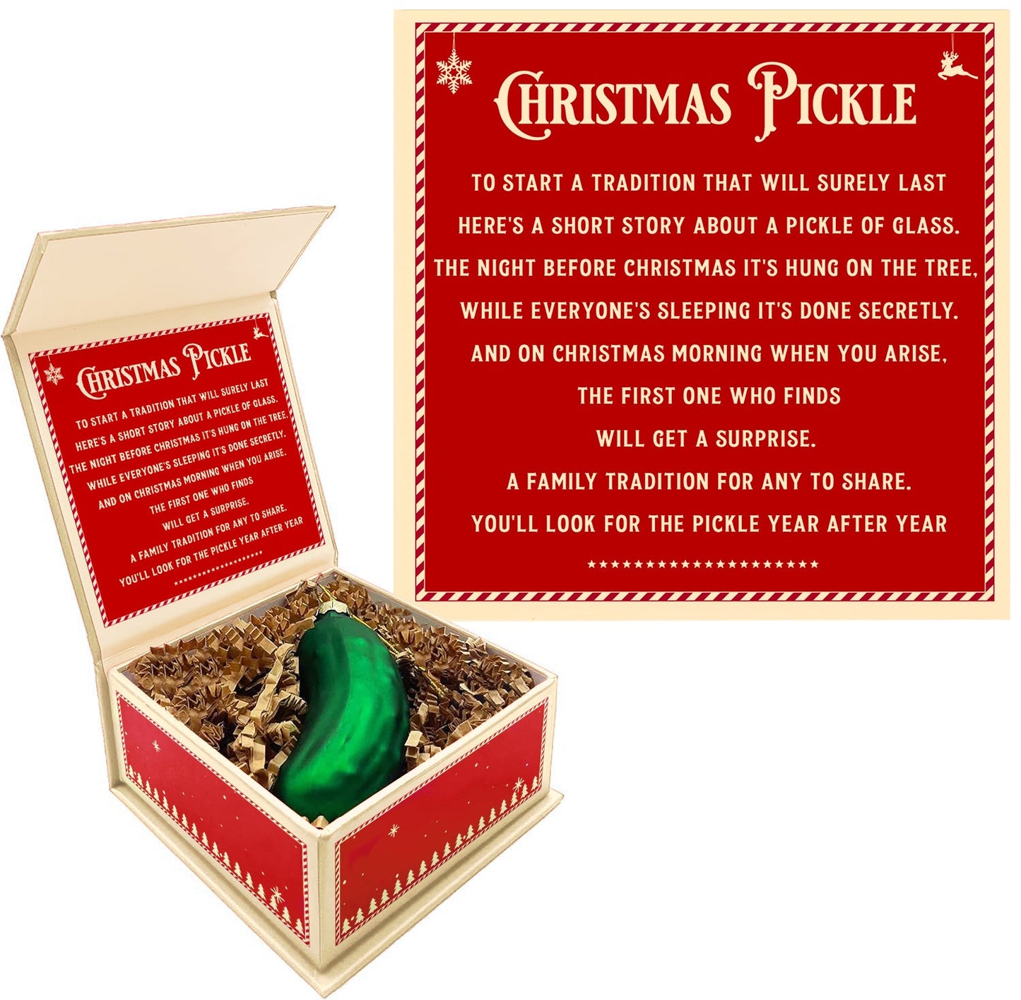 German Christmas Pickle Ornament Tradition Decor - Green Glass Tree Decoration - Gift Boxed with Story & Legend