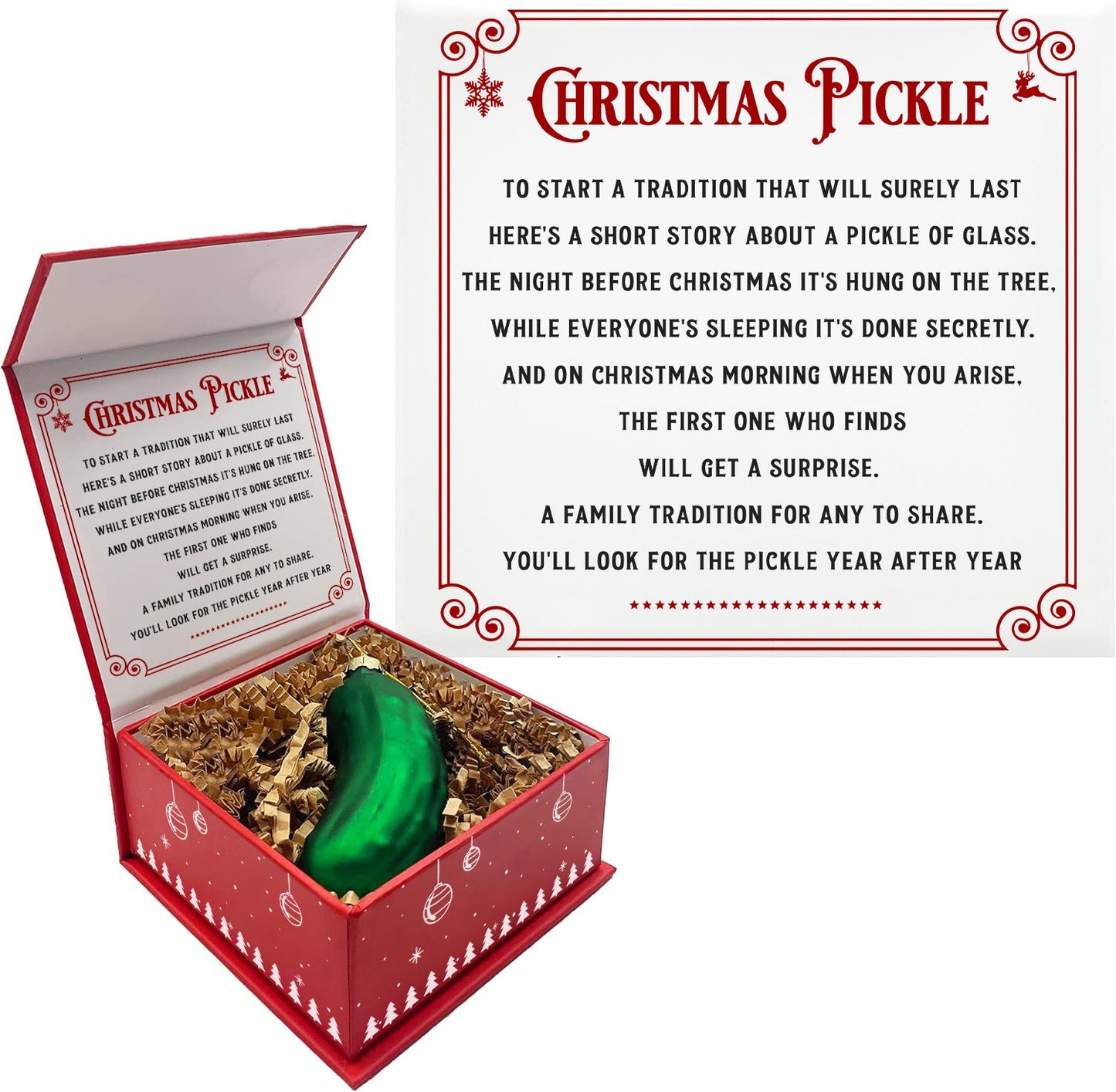 German Christmas Pickle Ornament Tradition Decor - Green Glass Tree Decoration - Gift Boxed with Story & Legend