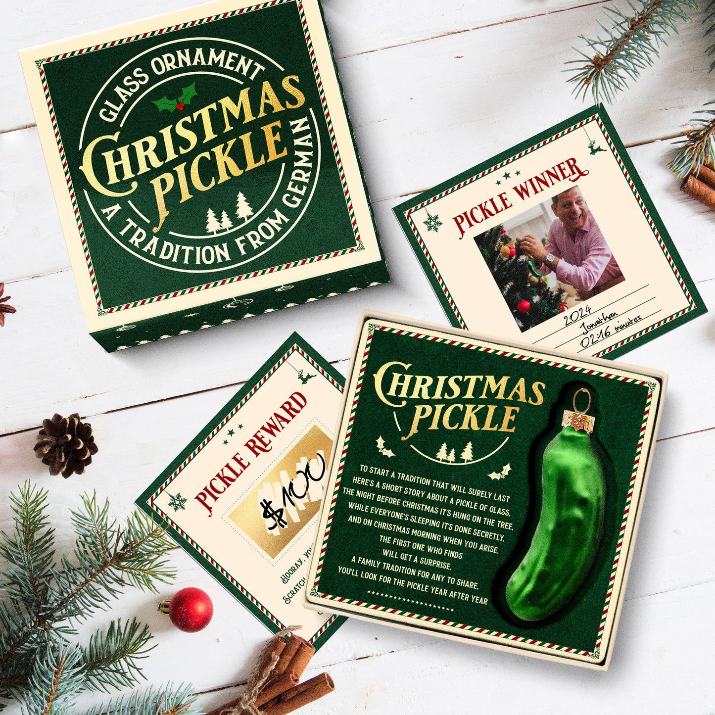German Christmas Pickle Ornament Tradition Decor - Green Glass Tree Decoration - Gift Boxed with Story & Legend - FB031