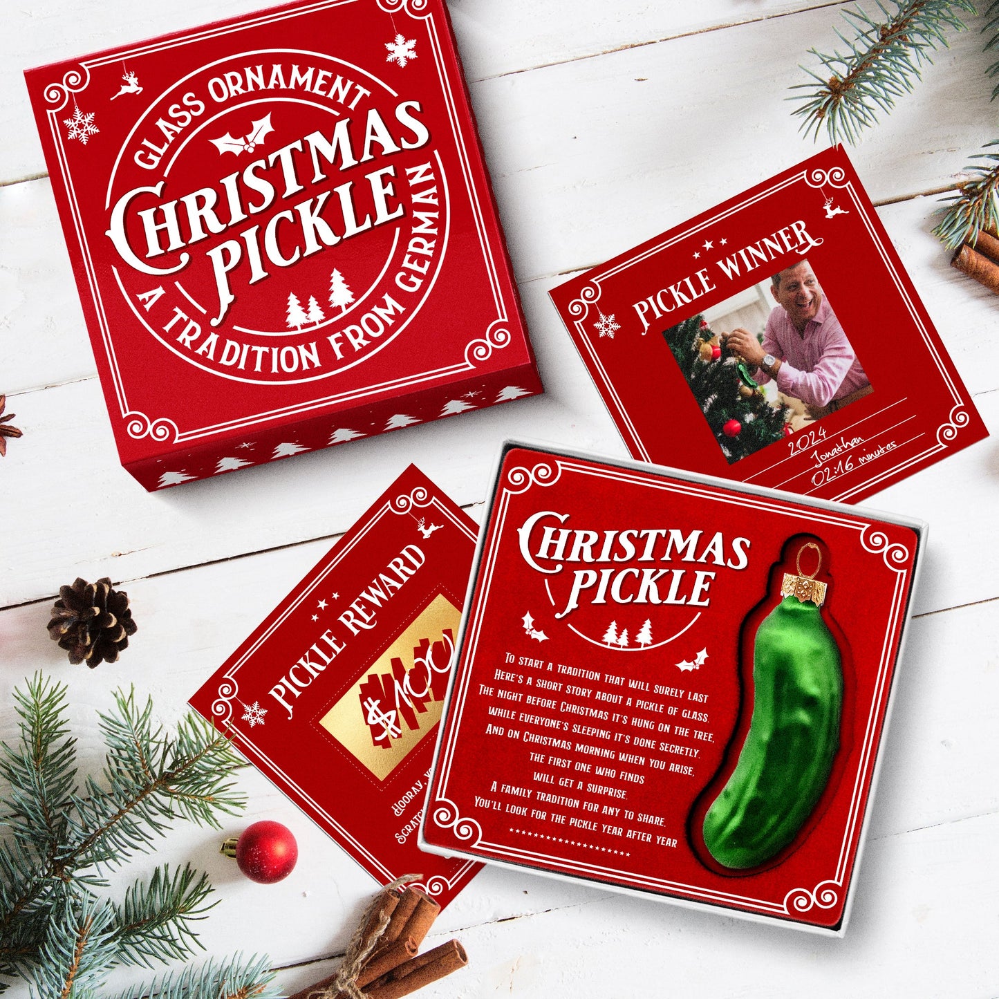 German Christmas Pickle Ornament Tradition Decor - Green Glass Tree Decoration - Gift Boxed with Story & Legend - FB034