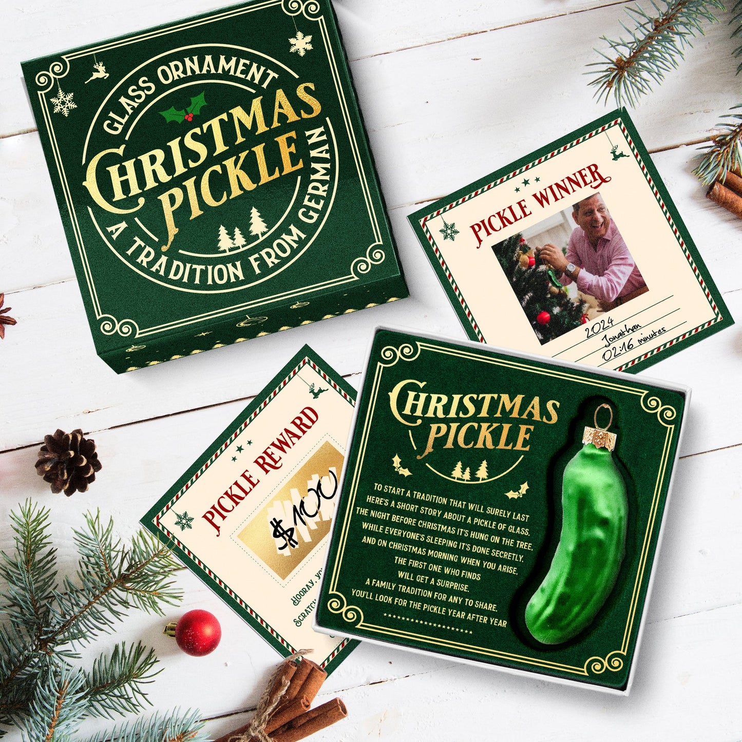 German Christmas Pickle Ornament Tradition Decor - Green Glass Tree Decoration - Gift Boxed with Story & Legend - FB032