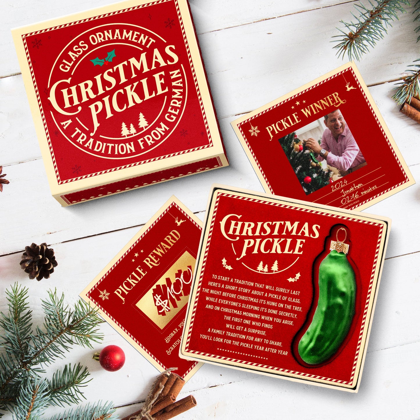 German Christmas Pickle Ornament Tradition Decor - Green Glass Tree Decoration - Gift Boxed with Story & Legend - FB033