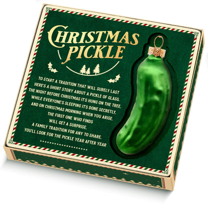 German Christmas Pickle Ornament Tradition Decor - Green Glass Tree Decoration - Gift Boxed with Story & Legend - FB031