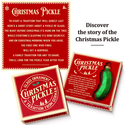 German Christmas Pickle Ornament Tradition Decor - Green Glass Tree Decoration - Gift Boxed with Story & Legend