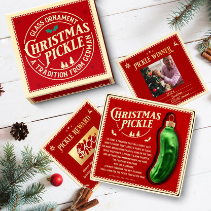 German Christmas Pickle Ornament Tradition Decor - Green Glass Tree Decoration - Gift Boxed with Story & Legend - FB033