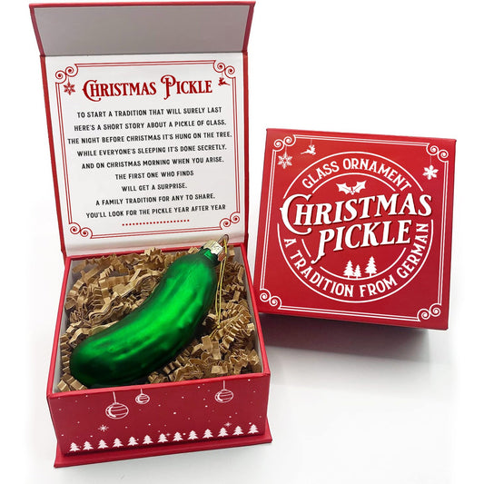 German Christmas Pickle Ornament Tradition Decor - Green Glass Tree Decoration - Gift Boxed with Story & Legend